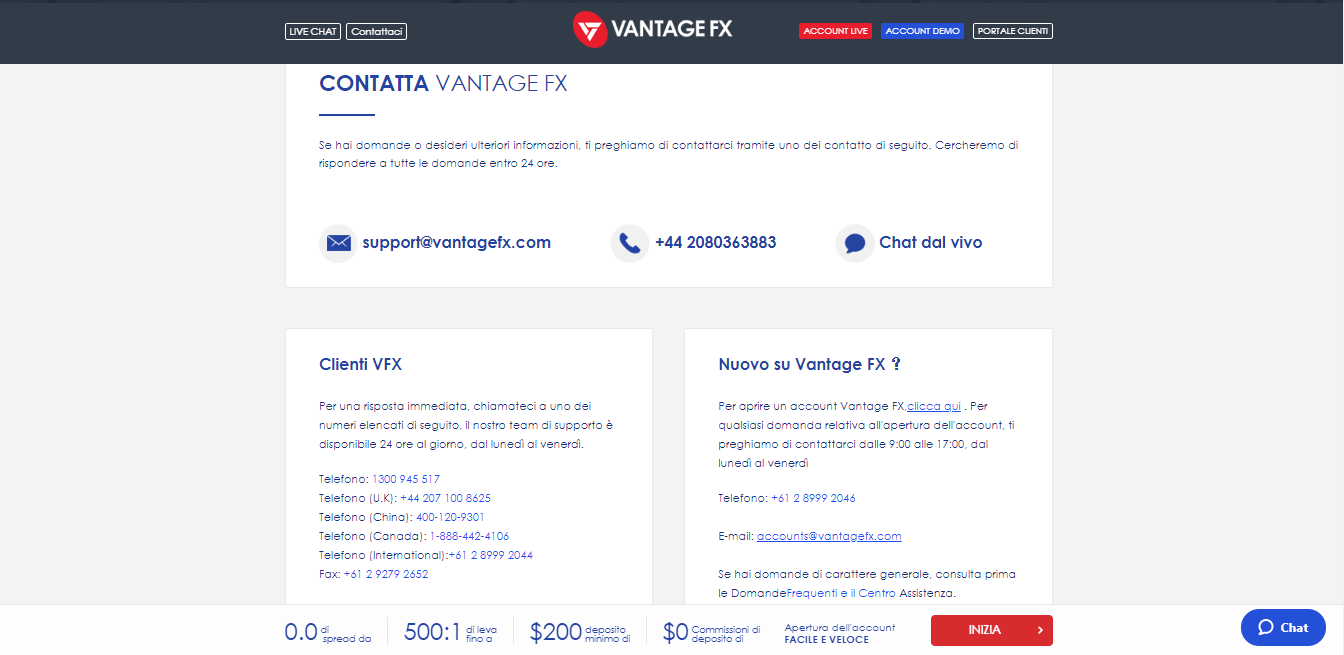 Assistenza clienti di Vantage FX